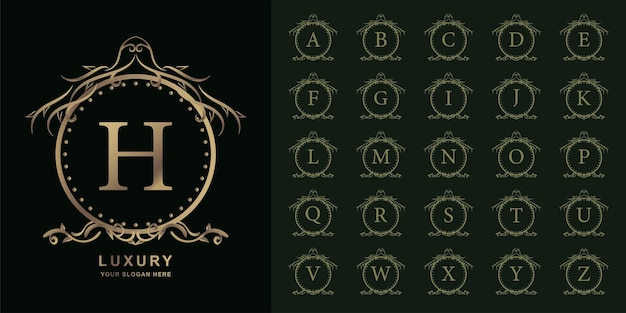벡터 편지 h 또는 고급 장식 꽃 프레임 황금 로고 템플릿이 있는 컬렉션 초기 알파벳입니다.
