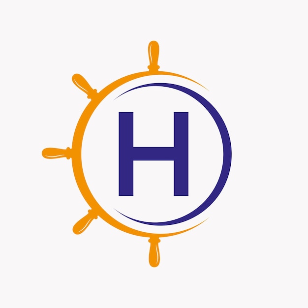 Letter h ship logo concept with ship wheel symbol vector template