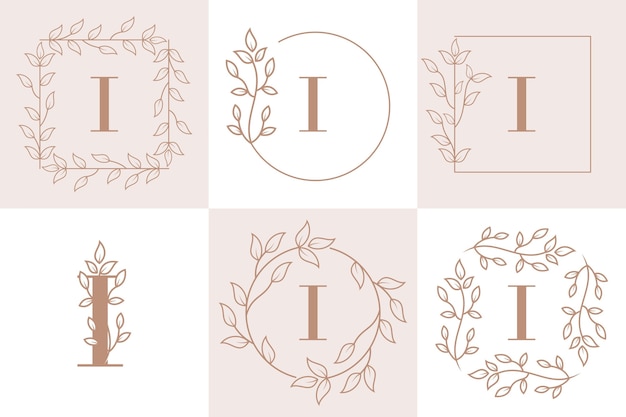 Letter i initial with floral frame template