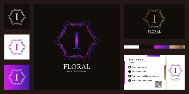 名刺付きレターi高級飾りフラワーフレームロゴテンプレートデザイン。
