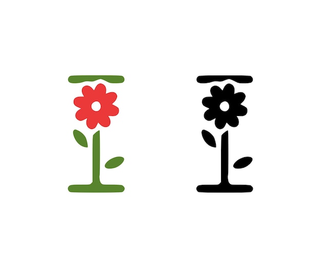 Letter I and red flower doodle icon