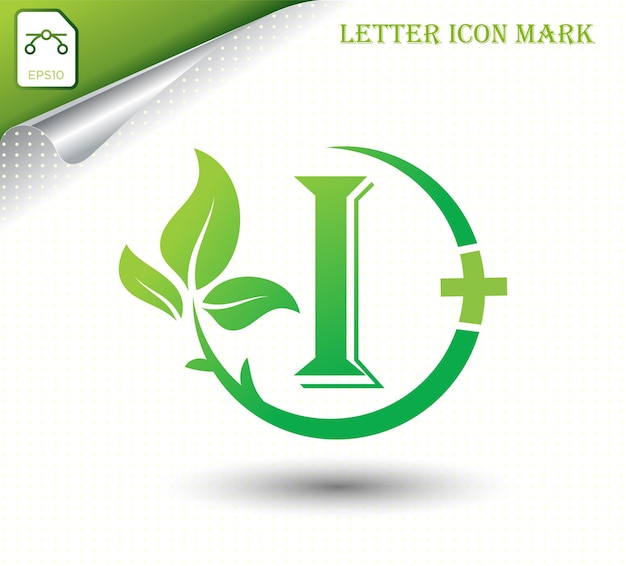 Letter I with green leaf vector template