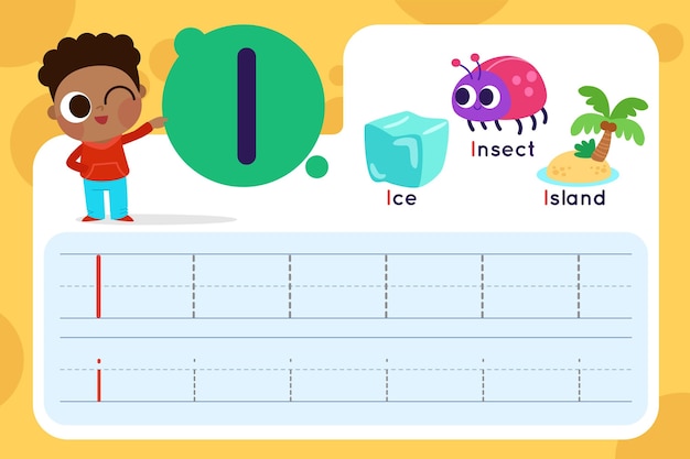 Letter i worksheet with ice and insect