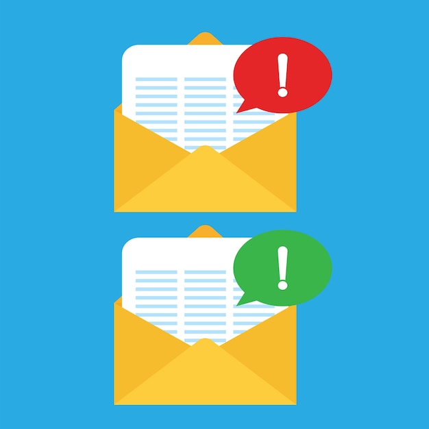 Letter icon with messages. Vector mail icons. Spam message. Red and green notification messages.