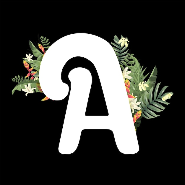 Vector the letter a is decorated with pretty flowers on a black background