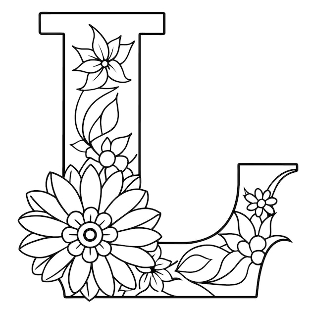 a letter is drawn in black and white with flowers