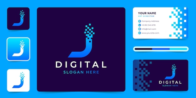 名刺テンプレートを使用した文字 J データ技術のロゴ デザインのベクトル