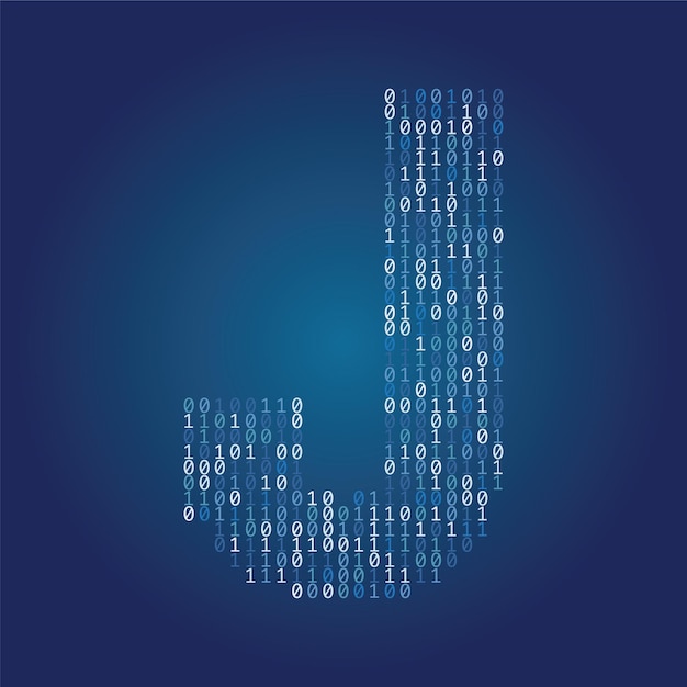 Letter j font made from binary code digits on a dark blue background