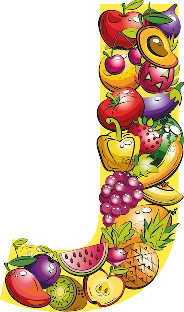 Письмо j. фруктовые буквы. коллаж из цветных фруктов и овощей на букву алфавита