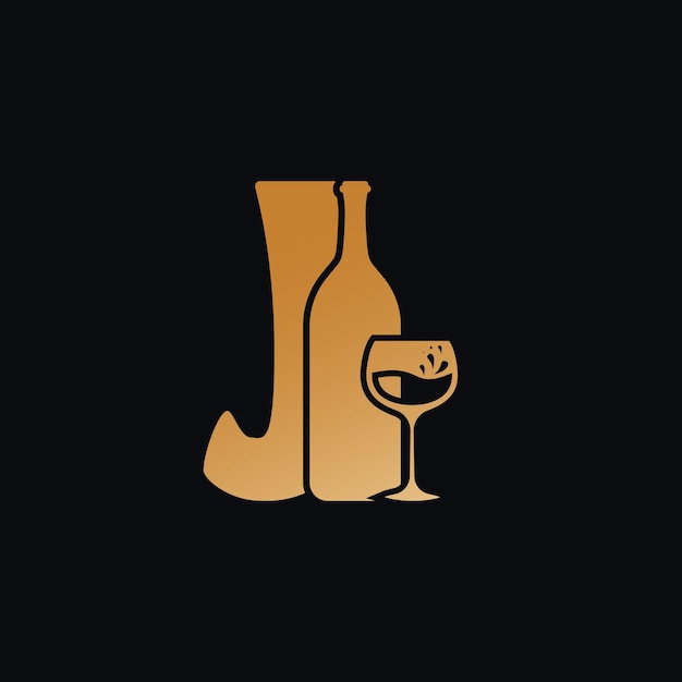 Logo lettera j con disegno bottiglia di vino illustrazione vettoriale su sfondo nero bicchiere da vino lettera j logo design