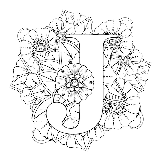 Letter J met Mehndi bloem decoratief ornament in etnische oosterse stijl kleurboekpagina