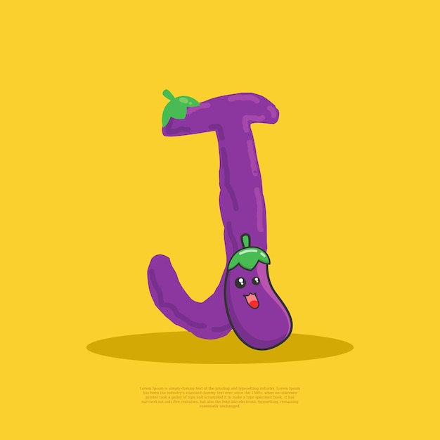 Letter J met schattige aubergine die ernaast zit platte ontwerpvector