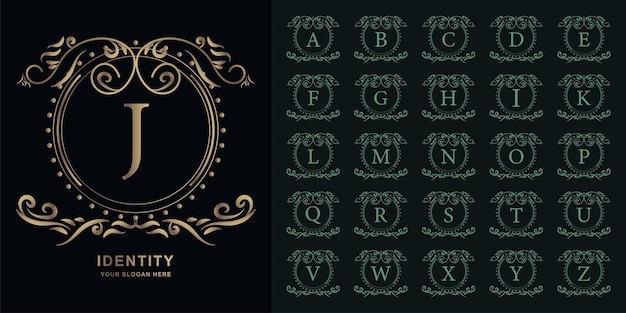 Вектор Буква j или начальный алфавит коллекции с роскошным орнаментом цветочная рамка золотой шаблон логотипа.