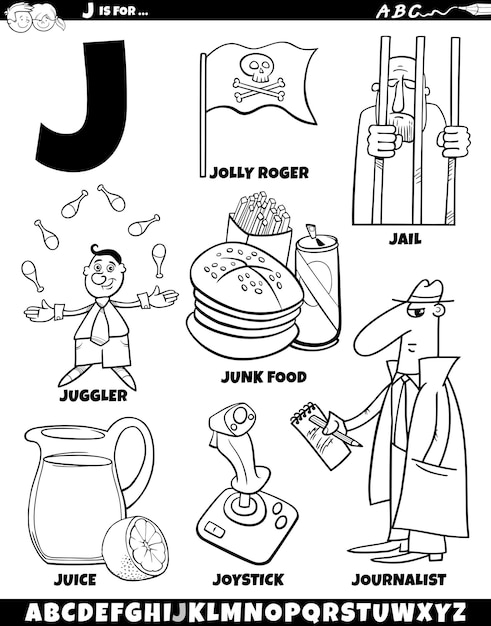 Vector letter j set with cartoon objects and characters coloring page