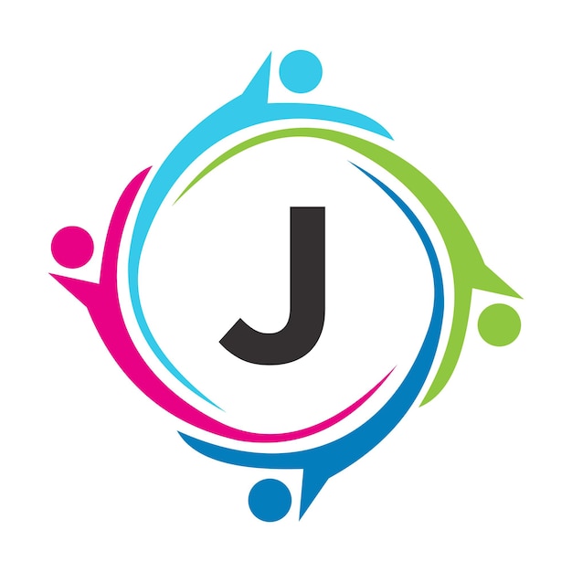 J letter teamwork logo unite symbol charity sign community health care union logotipo