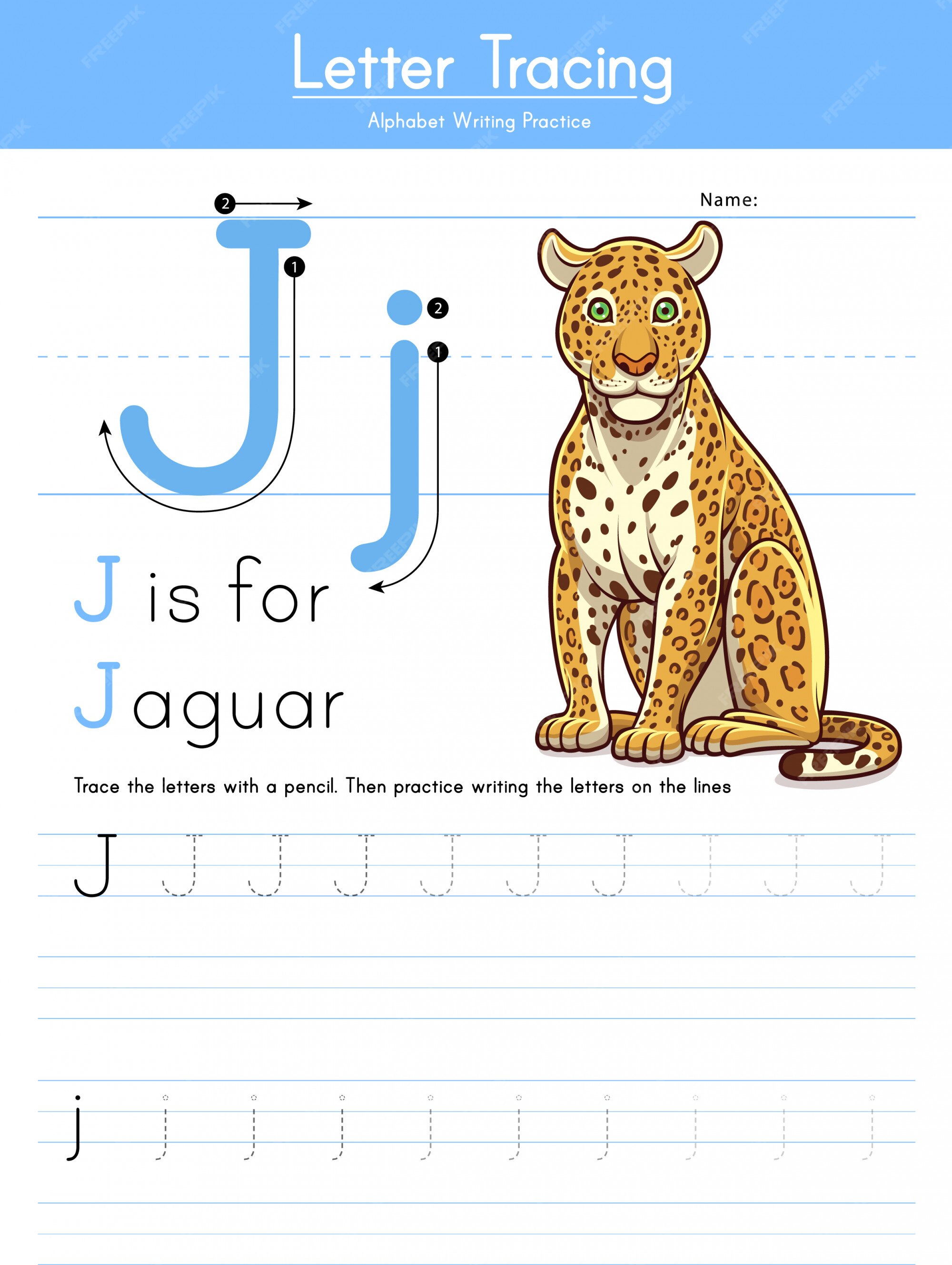 Premium Vector | Letter j tracing animal alphabet j for jaguar