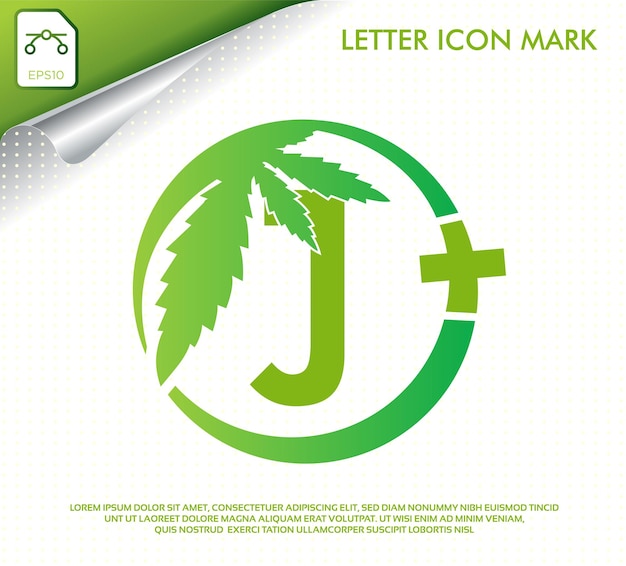 Lettera j con logo vettoriale foglia di cannabis verde