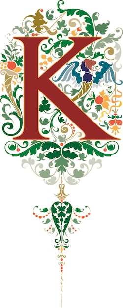 Letter K bloemen middeleeuwse Renaissance. De buitensporige hoofdletters van het monogram aanvankelijke alfabet.