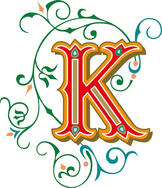 Letter k bloemen monogram. kleurrijke vintage ornament eerste alfabet spiraal scroll stijl.