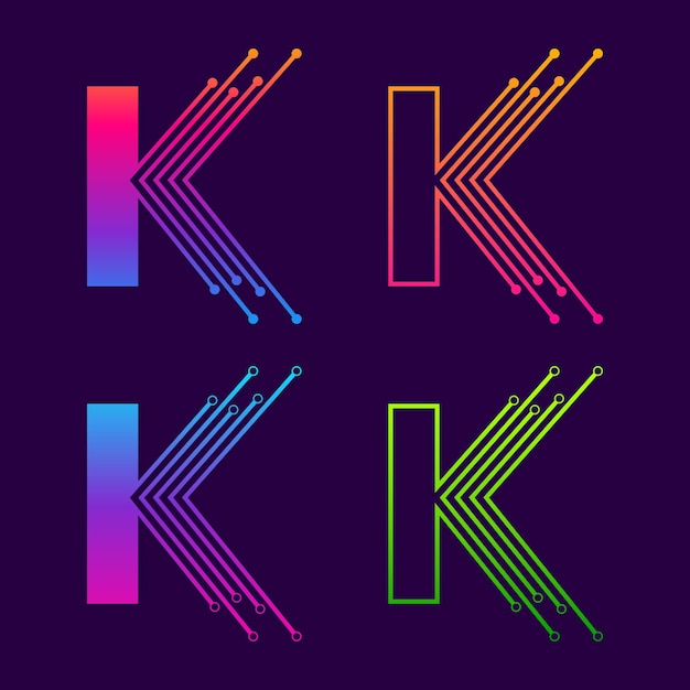 Lettera k design del logo colorato con il concetto di dots linked per la società di tecnologia e business digitale