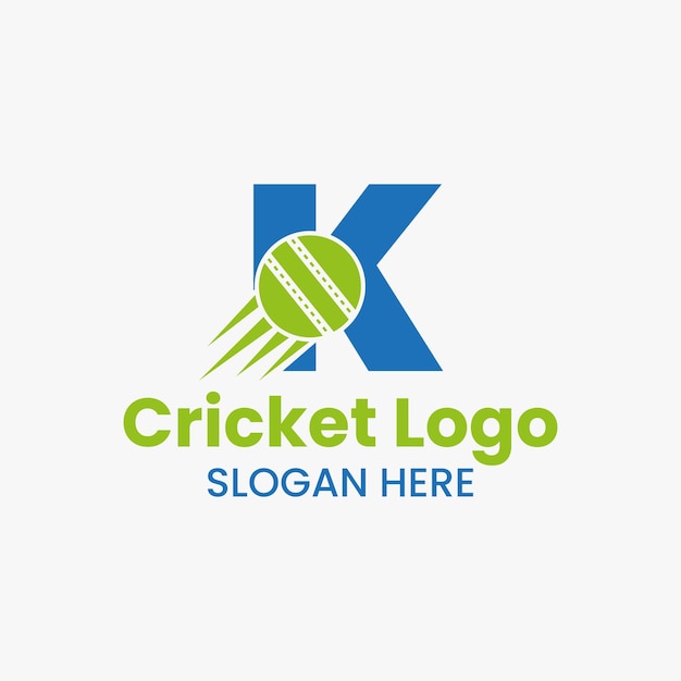 Буква K Cricket Logo Concept с движущейся иконой крикетного мяча. Символ логотипа крикета