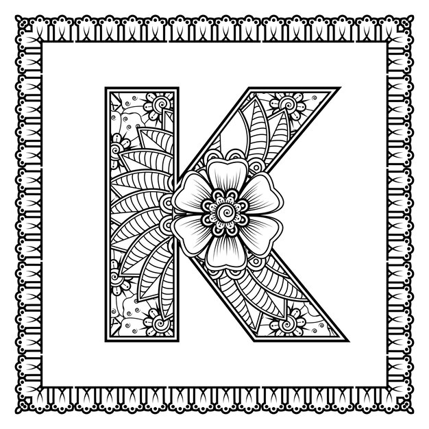 Letter K gemaakt van bloemen in mehndi stijl kleurboek pagina overzicht handdraw vectorillustratie