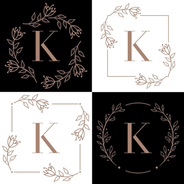 Disegno di marchio della lettera k con elemento foglia di orchidea
