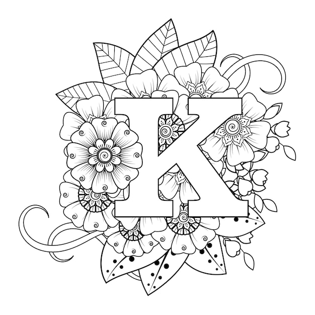 Letter k met mehndi bloem decoratief ornament in etnische oosterse stijl kleurboekpagina