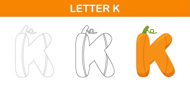 Letter k pompoen traceren en kleuren werkblad voor kinderen