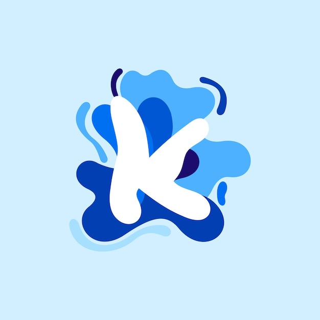 Logo dell'acqua pura con la lettera k forma a vortice sovrapposta con gocce spruzzanti