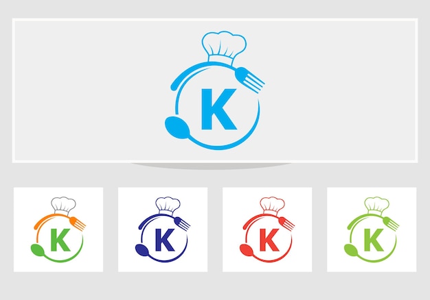 요리사 모자, 숟가락 및 포크 기호가 있는 편지 K 레스토랑 로고