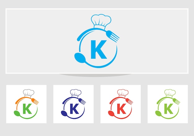 letter k restaurant logo with chef hat, spoon and fork symbol