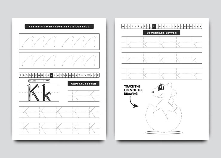Vector letter k tracing activity lines and dinosaur drawings
