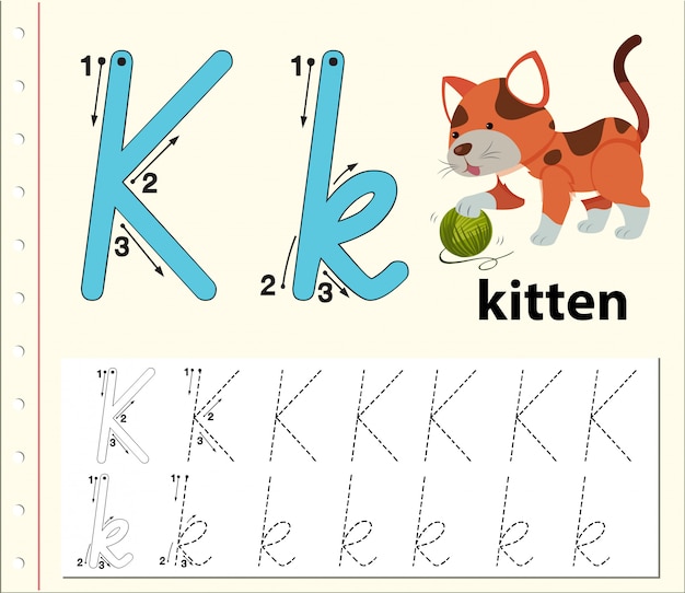 アルファベットのワークシートをトレースする文字k