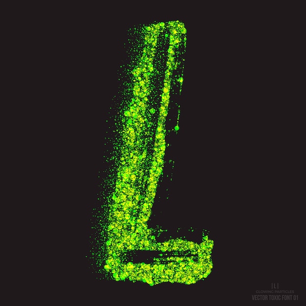벡터 편지 l 그런 독성 텍스트 효과입니다. 산성 글꼴 추상 빛나는 밝은 녹색 색상 입자 검은 배경에 고립. 방사성 폐기물. 공포 좀비 아포칼립스. 녹색 불꽃 기호 디자인 요소