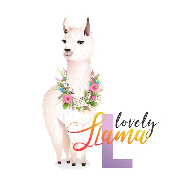L은 라마입니다. 어린이 교육 프로젝트를위한 귀여운 동물 편지 알파벳. 아이들을위한 꽃 화환 장식 라마. 격리 된 동물원 ABC 만화.
