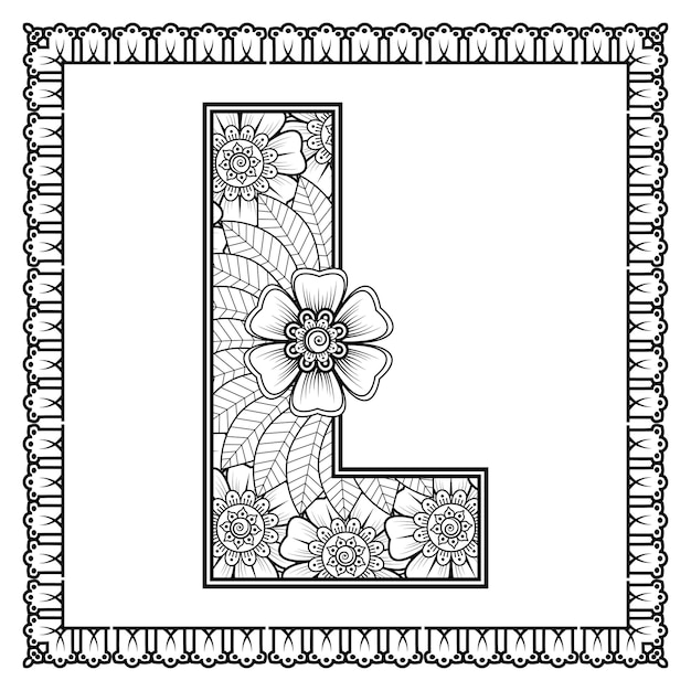 Letter L made of flowers in mehndi style coloring book page outline handdraw vector illustration