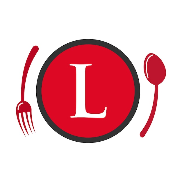 Lettera l logo del ristorante logotipo del ristorante sulla lettera l cucchiaio e forchetta concetto vettore