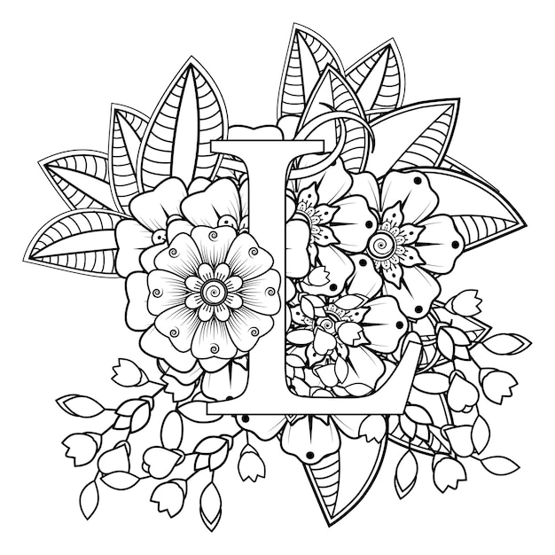 本ページを着色エスニック オリエンタル スタイルで一時的な刺青の花の装飾的な飾りと手紙 L