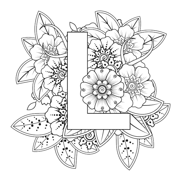 Letter L with Mehndi flower decorative ornament in ethnic oriental style coloring book page