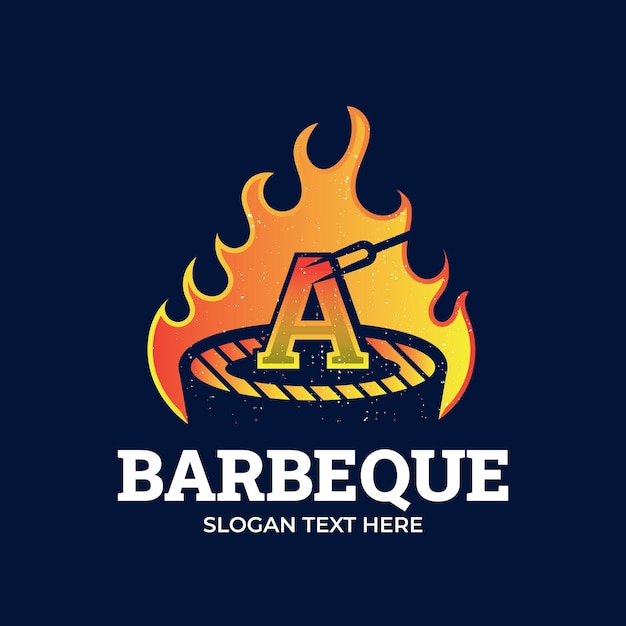 Vettore lettera a logo logo barbecue con logotipo barbecue e concetto di fuoco in combinazione con spatola vintage