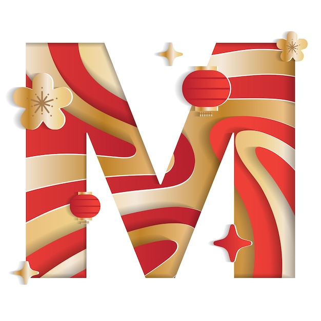 Letter M Alphabet Font Chinese New Year Character Font Flower Lantern Red Gold 3D Paper Layer Cutout