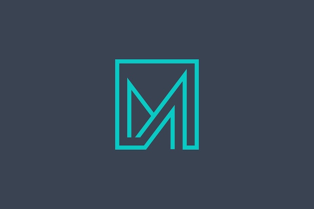 Letter M blue linear logo vector in rectangle frame