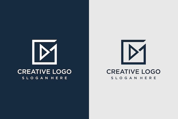 Modello di logo design lettera m con scatola e segno di gioco con design biglietto da visita