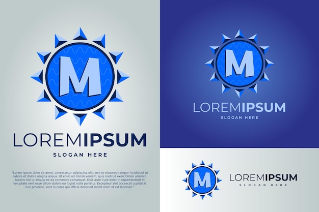 Letter M en zon met golven Logo ontwerp vector illustratie sjabloon badge logo Zon logo ontwerp sjabloon badge logo