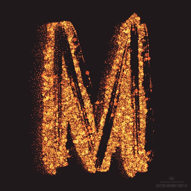 문자 M 화재 검은 배경에 텍스트 효과 글꼴 디자인 요소를 굽기. 밝은 황금 쉬머 산란 입자 불꽃 빛나는 기호