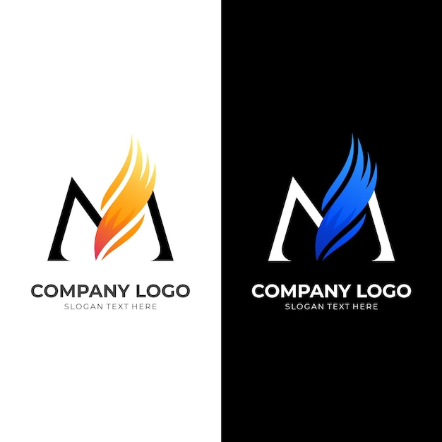 Vector letter m and fire logo template with 3d colorful style