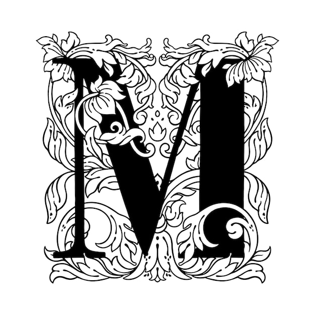 Vettore lettera m ornamento floreale alfabeto monogramma splendido logo vettoriale con lettere maiuscole floreali