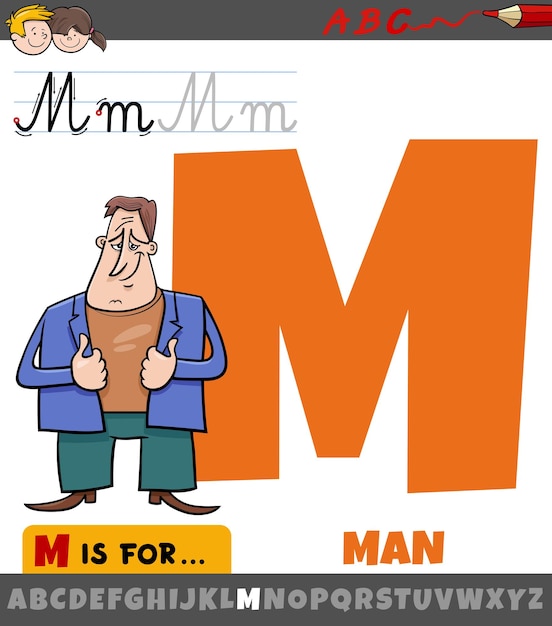 letter M from alphabet with cartoon man character