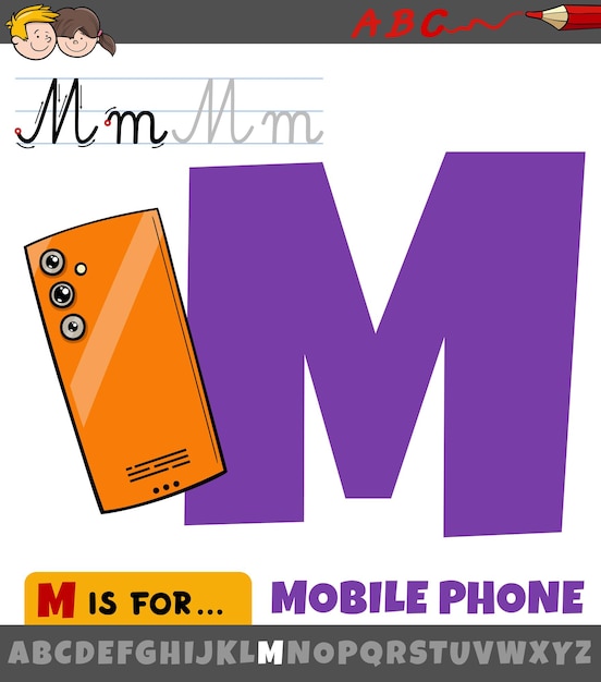 Буква М из алфавита с мультфильмом мобильный телефон